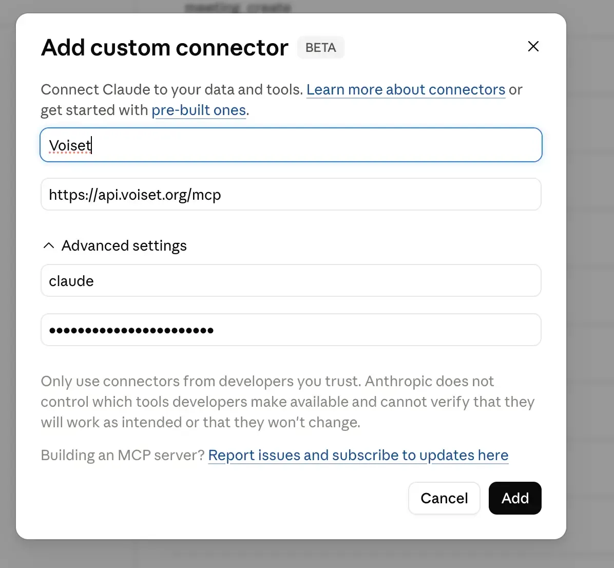 Add custom connector dialog in Claude with Voiset values