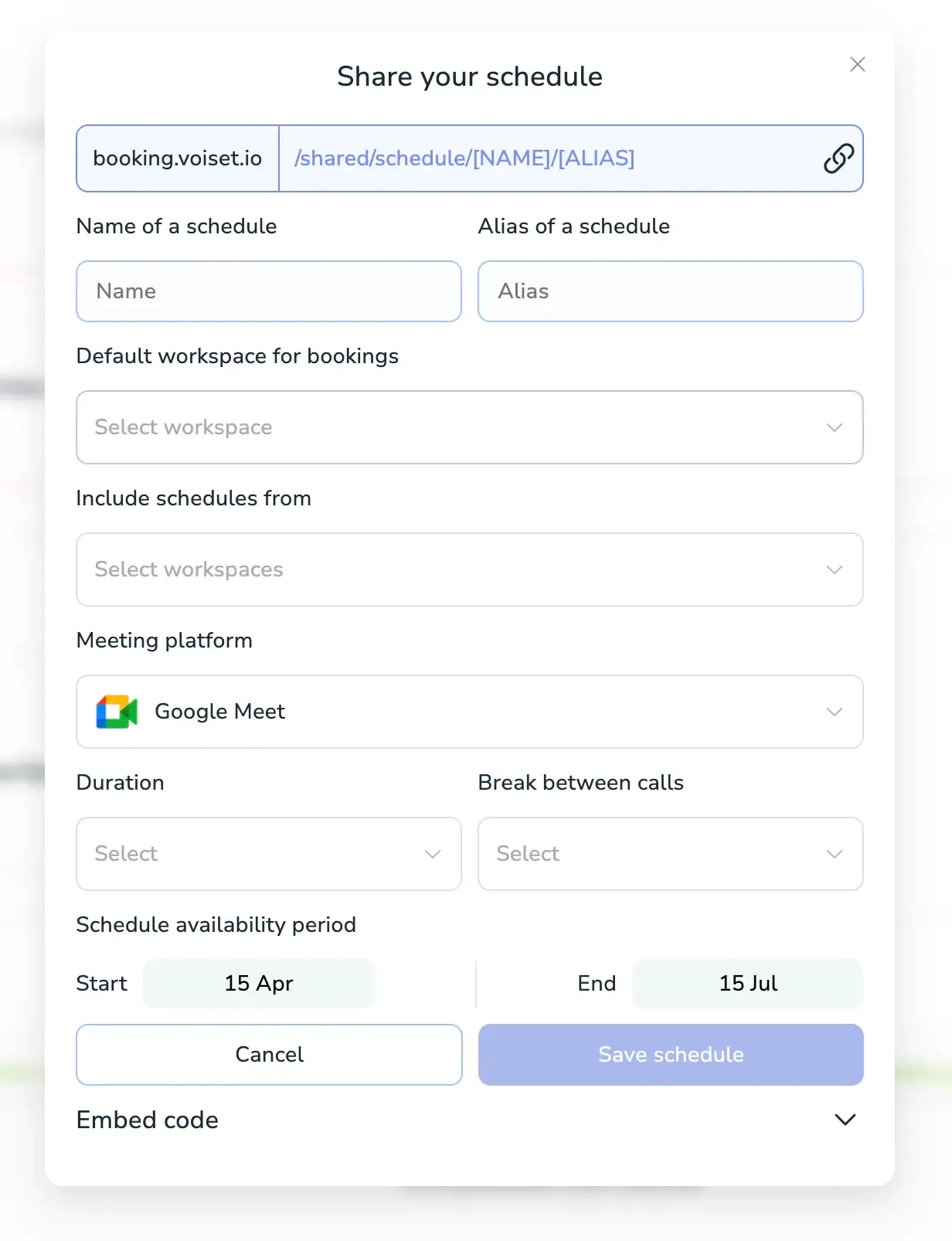 Creating share schedule page