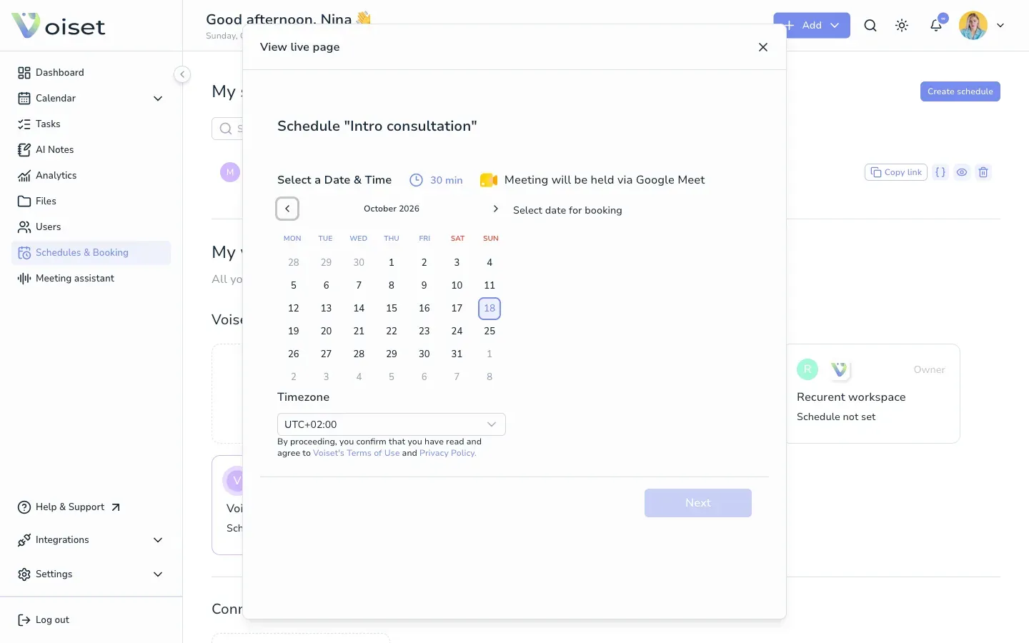 Live booking page