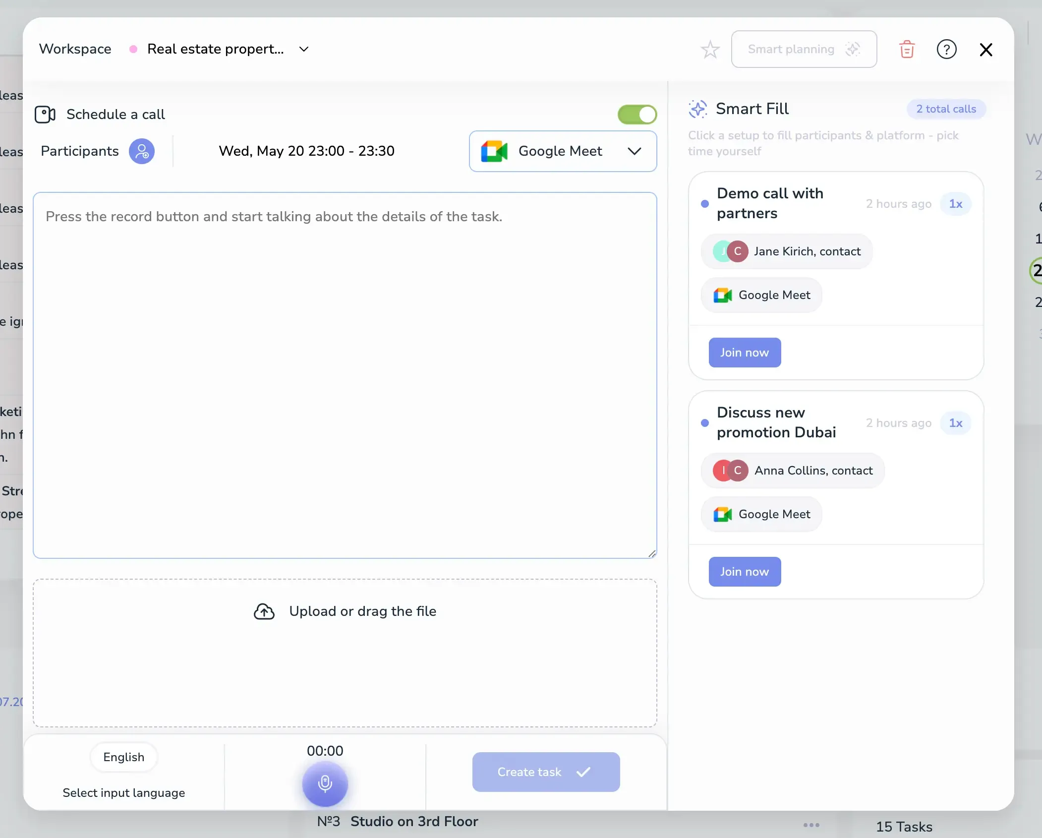 Voiset event form with Schedule a call toggle and Smart Fill panel