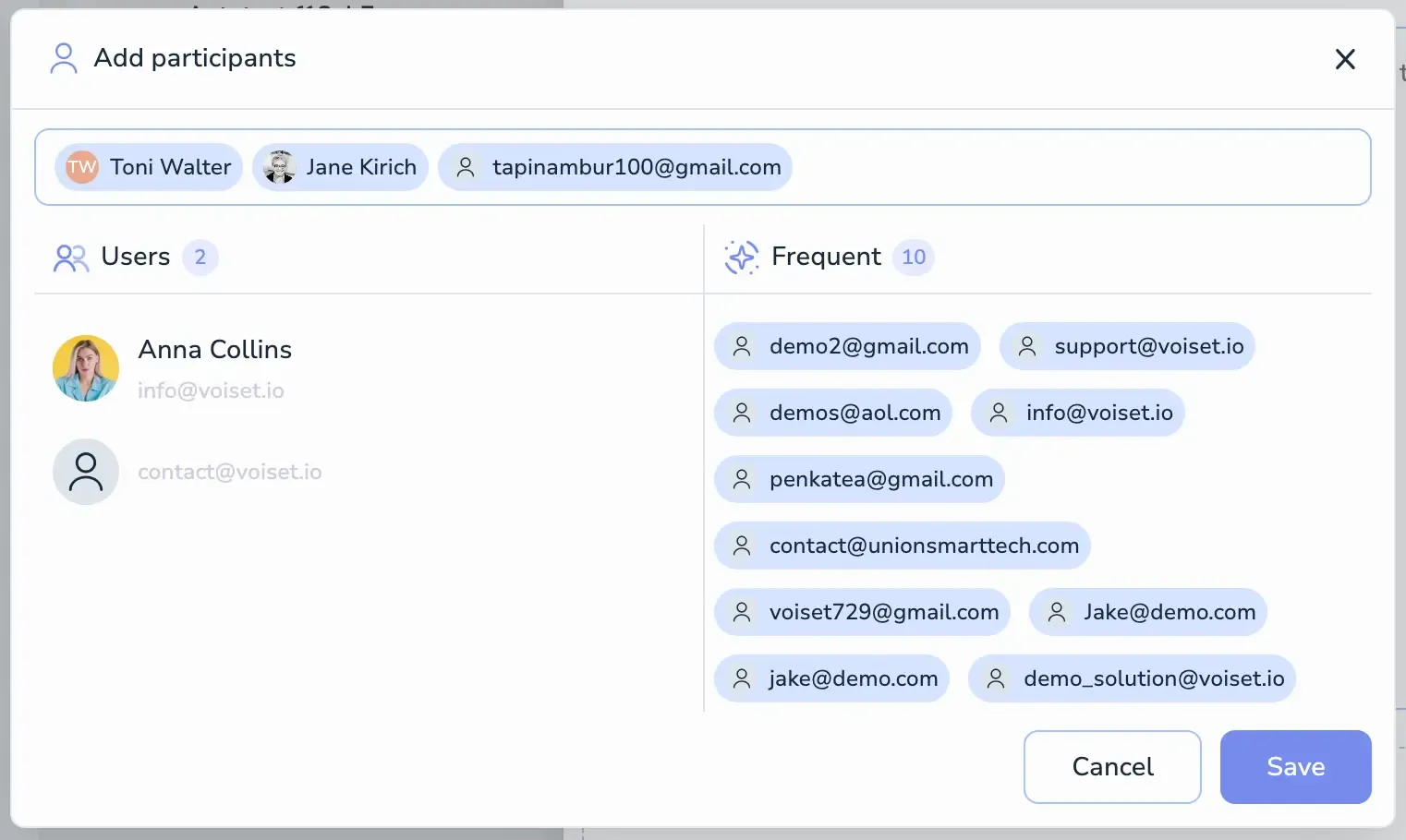 Voiset Add participants dialog with Users and Frequent sections