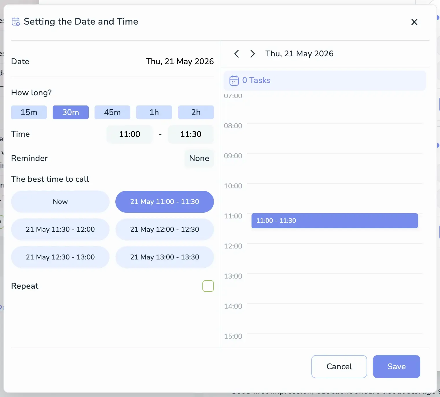 Voiset Setting the Date and Time dialog with duration presets and AI-suggested best time slots