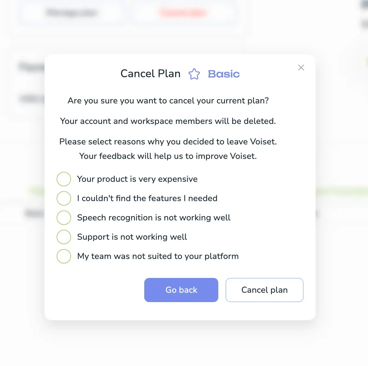 Cancel subscription dialog