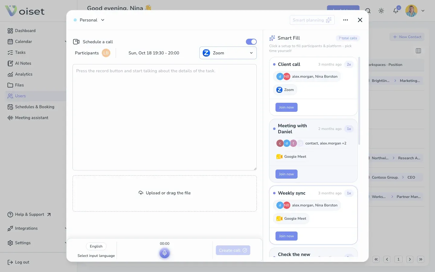 Call form with the contact
