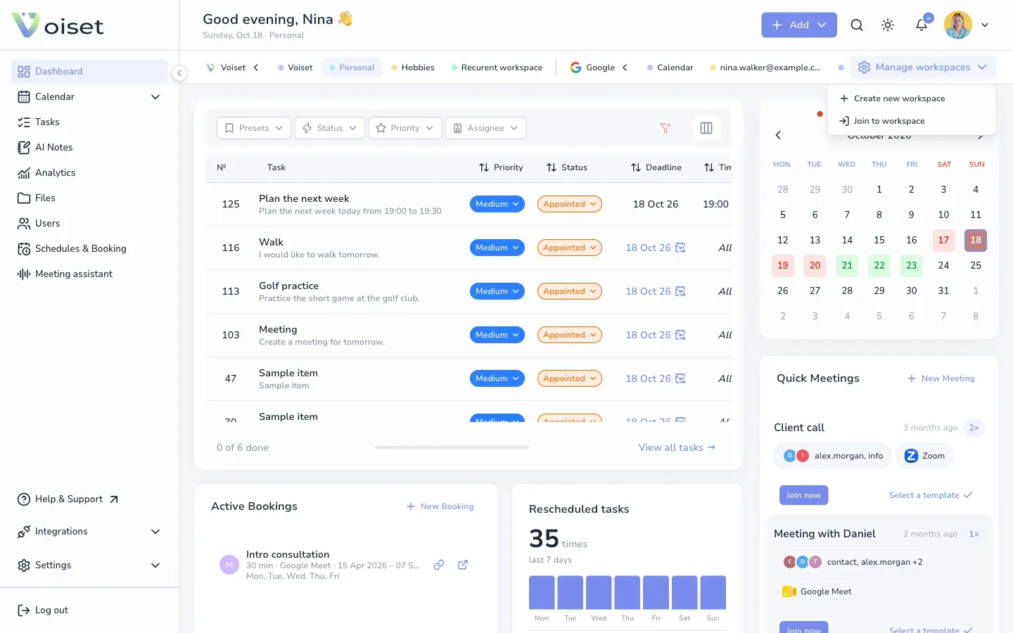 Manage workspaces menu
