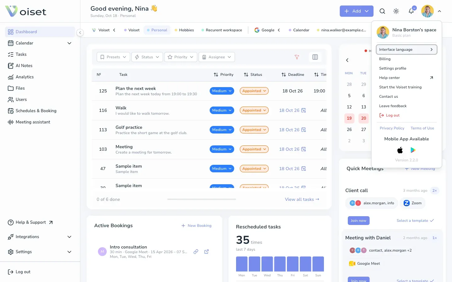User menu