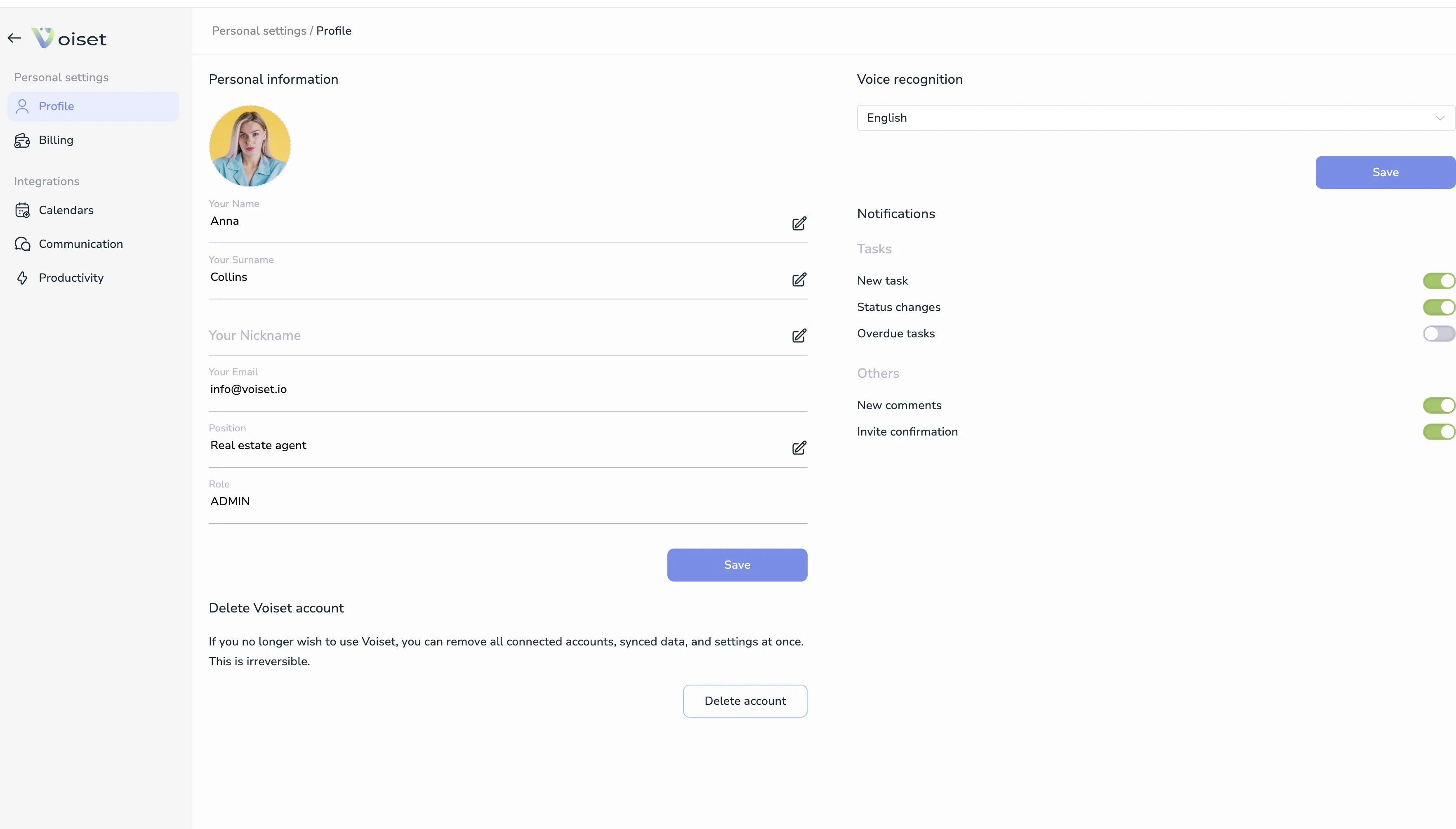 Delete account Voiset screen