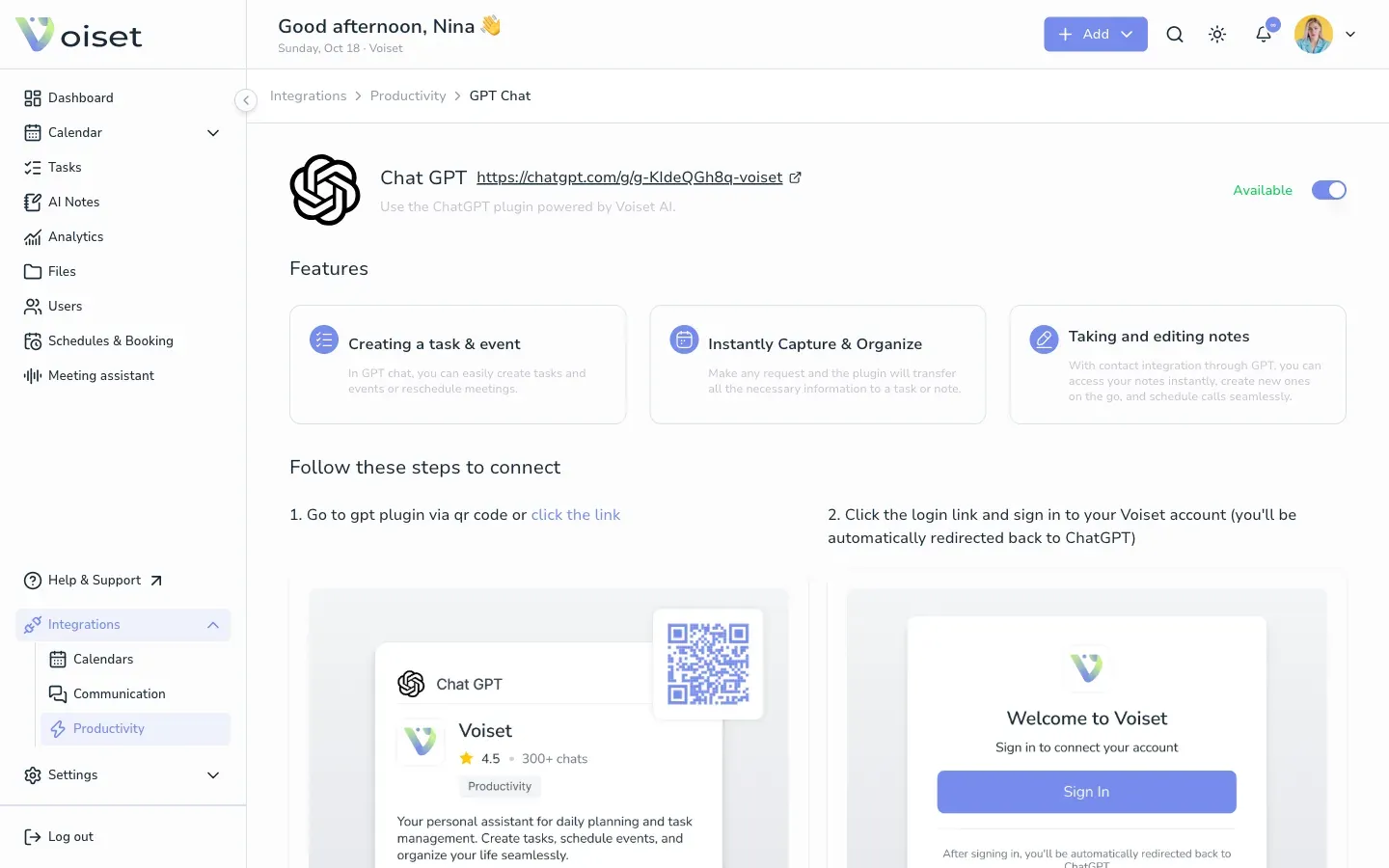 GPT Chat integration page