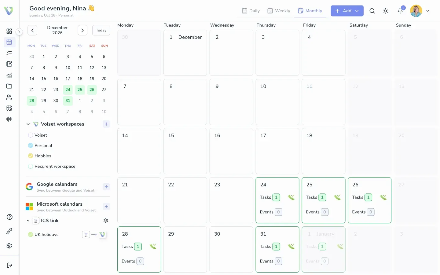 Public holidays in the monthly view