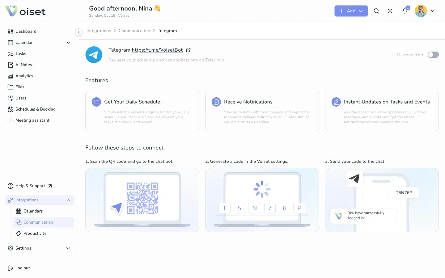 Telegram integration page