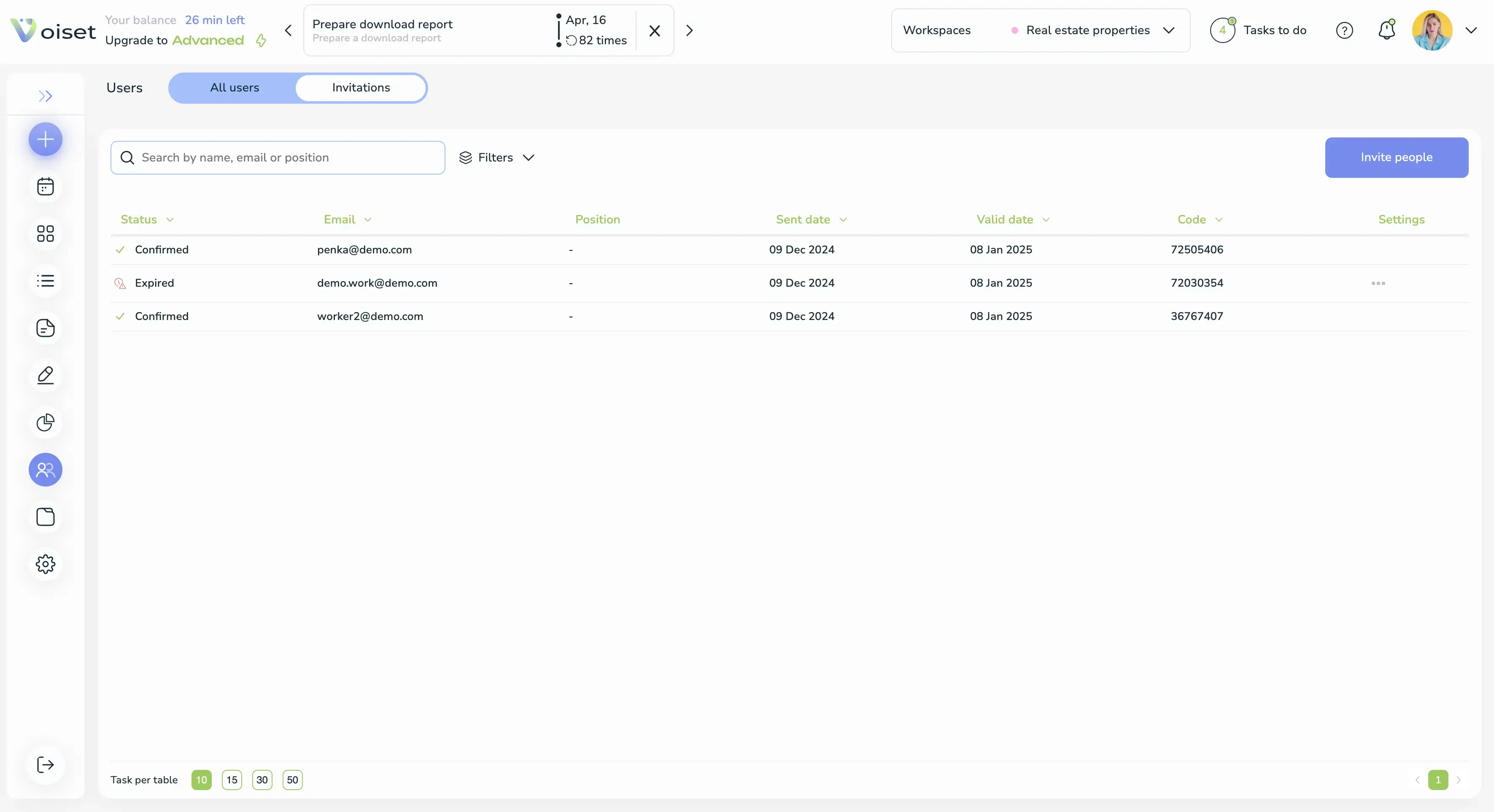 Workspace users list
