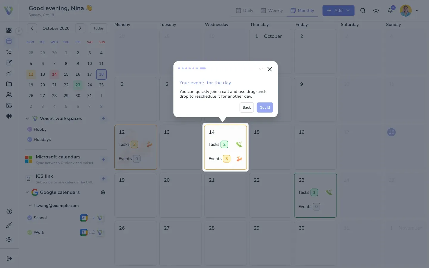 Tasks and events of the day