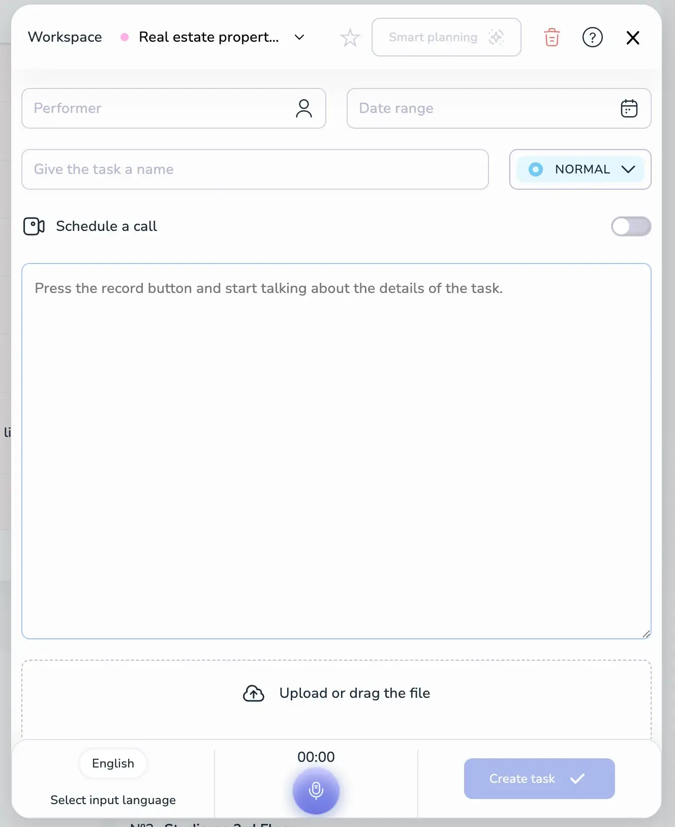 Voiset empty task creation form