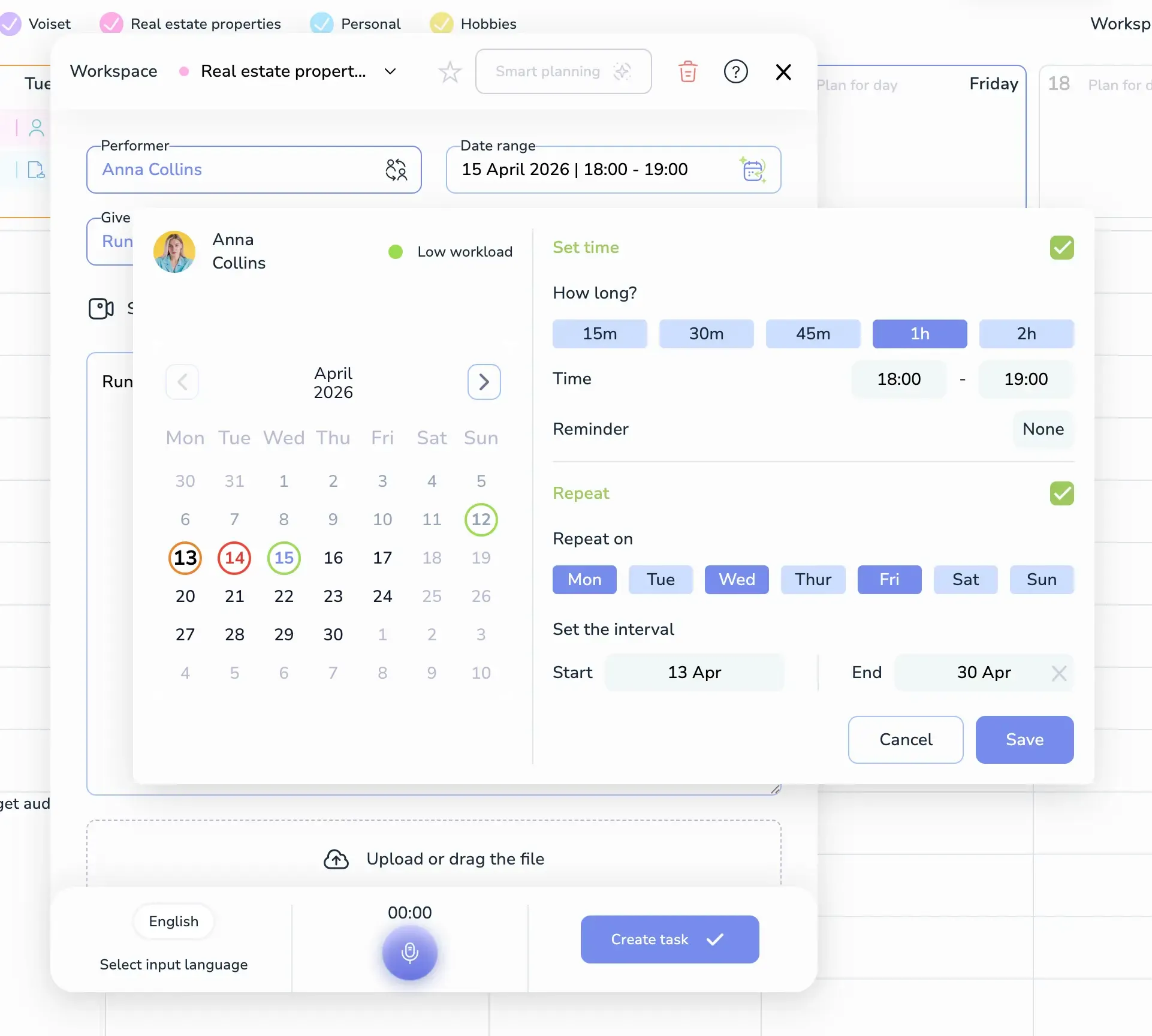 Repeat task settings