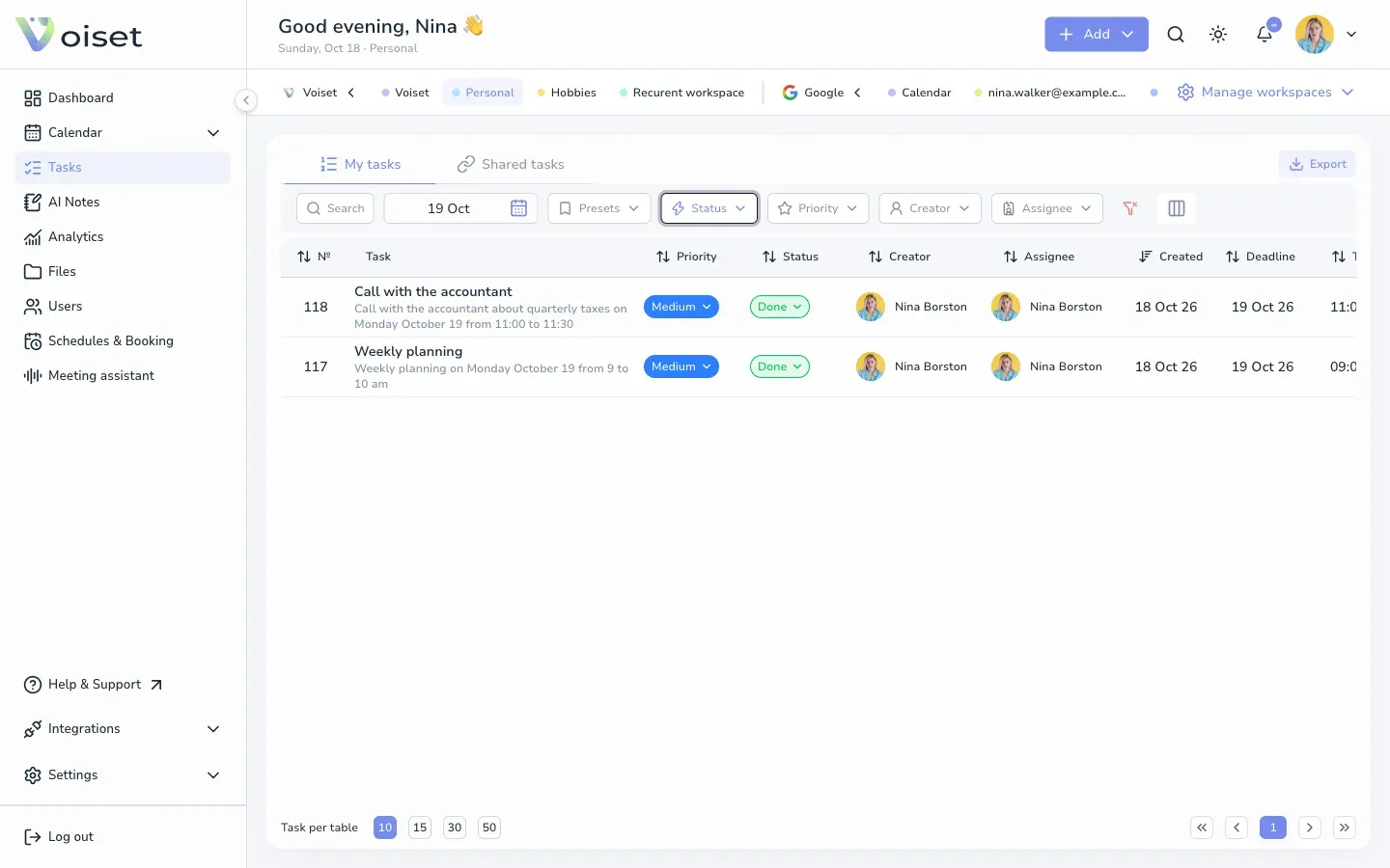 Tasks filtered by status