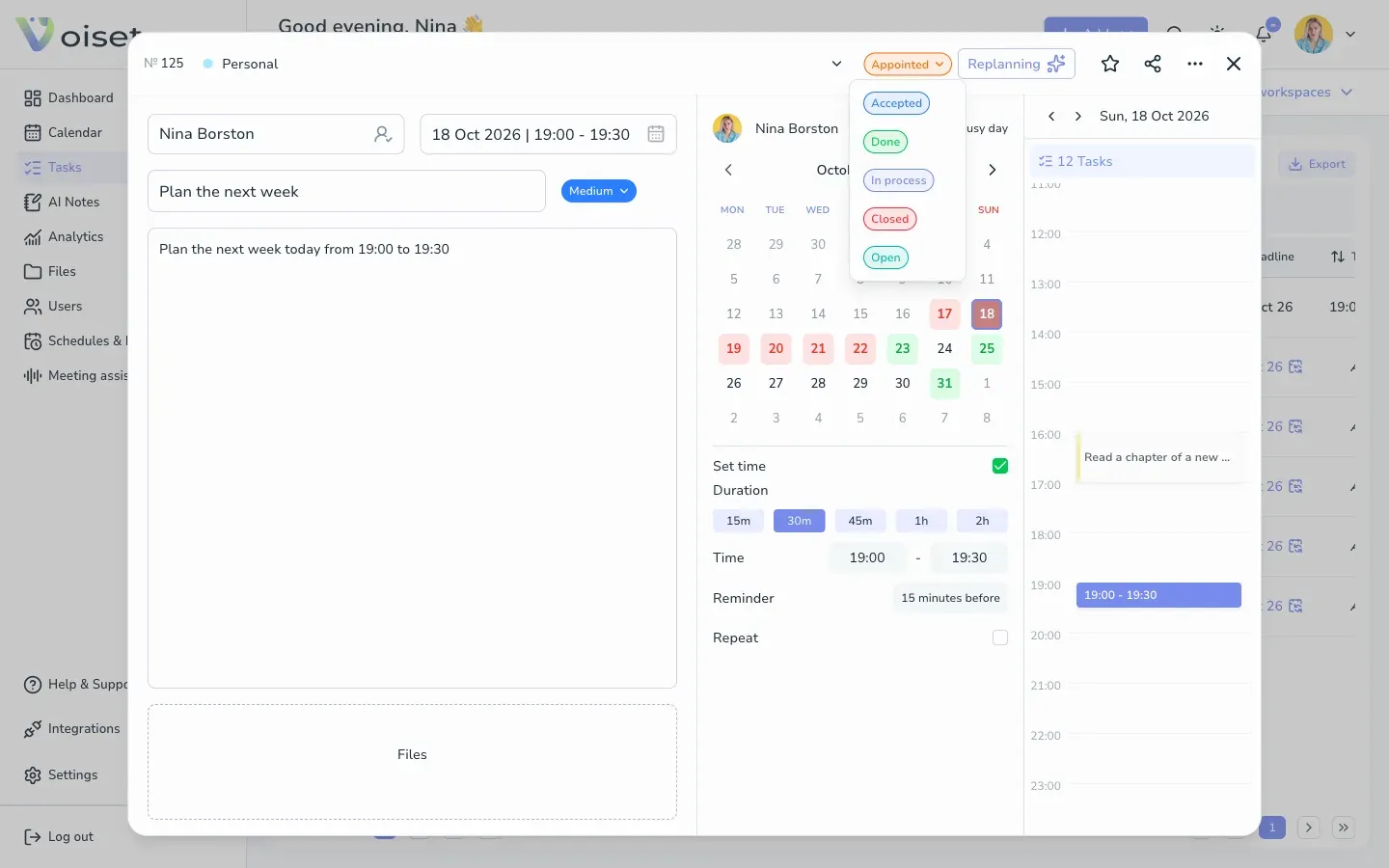 Status menu in the task card