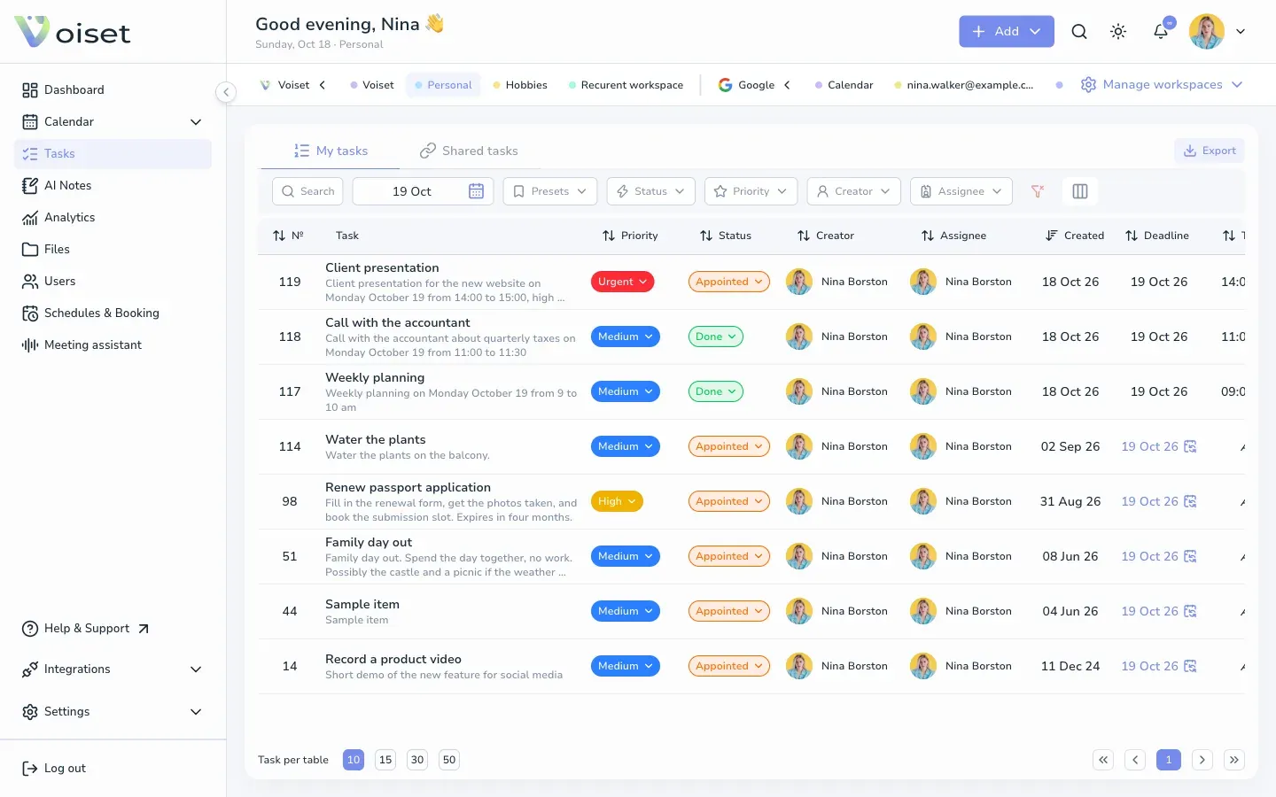 Tasks page