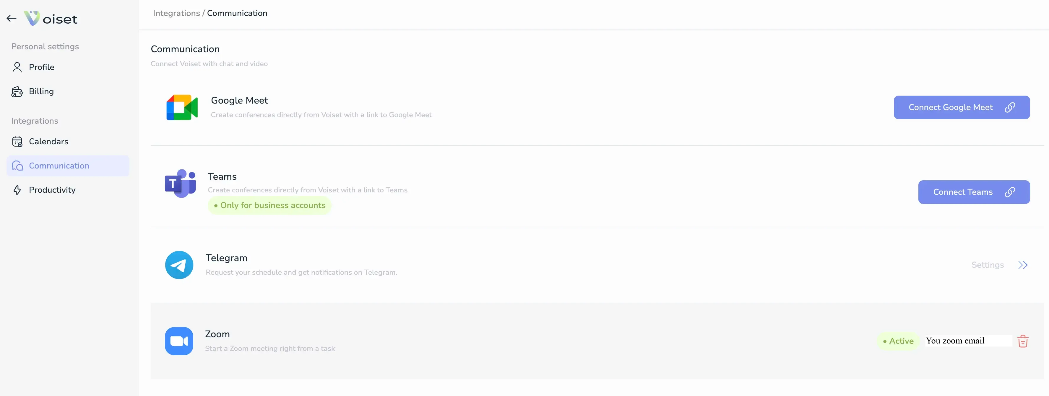 Voiset communication list with connected zoom